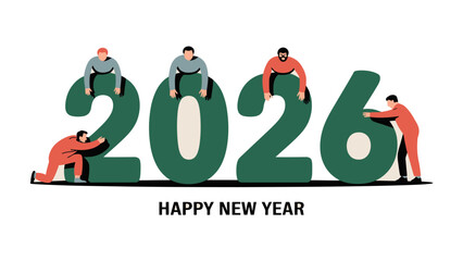 New Year's Eve 2026: Teamwork, setting a new year's milestone in this illustration. Figures in action of setting up this milestone