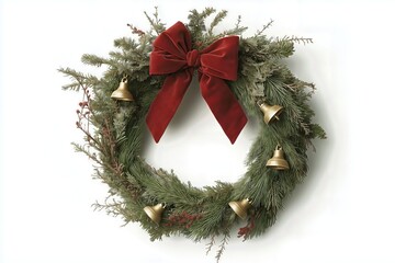 Christmas wreath with a red bow and gold bells.