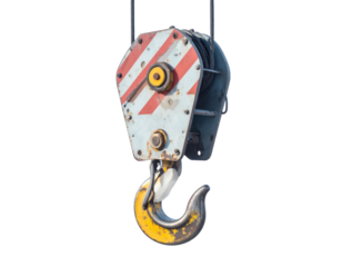 Industrial crane hook with weathered red and white striped pulley block on transparent background, heavy duty construction lifting equipment