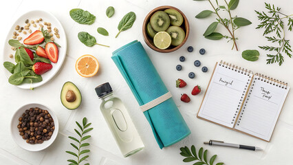 Healthy lifestyle flat lay with food and yoga mat