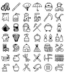 A collection of various object in a vector graphic art form, perfectly illustrate the tools. Objects are drawn with bold, black lines, and each one carefully and artistically rendered 
