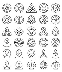 A collection of various spiritual and symbolic icons in a minimalist style. The circular and geometric designs include elements representing balance, harmony, and enlightenment. 