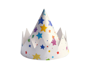 A folded paper crown or party hat featuring a conical shape and a bright multicolored star pattern on a white background.