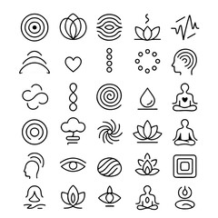 A collection of various meditation symbols displayed in an organized pattern. These icons encompass various spiritual and meditative concepts