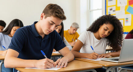 Focused Diverse Students Taking Exam in Modern School Classroom