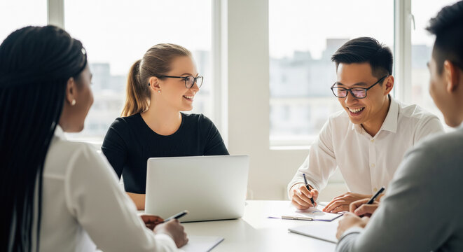 Diverse Business Team Collaborating Happily in Bright Modern Office