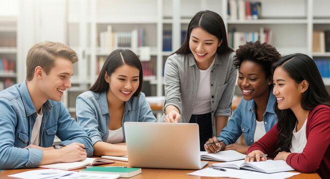 Diverse Students Collaborating on Laptop in Modern Library