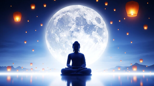 Buddha meditating under a giant full moon with floating lanterns - Powered by Adobe
