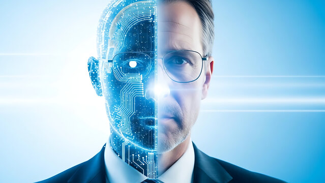 Man s face merging with digital technology and artificial intelligence