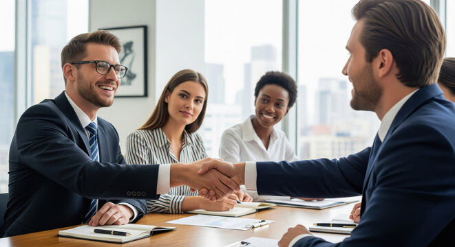 Businessmen handshake sealing deal in modern office meeting