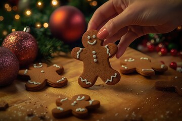 Gingerbread cookie being picked up near festive holiday decorations.