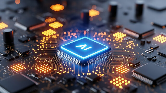 Central ai processor glowing with blue light on a complex computer circuit board