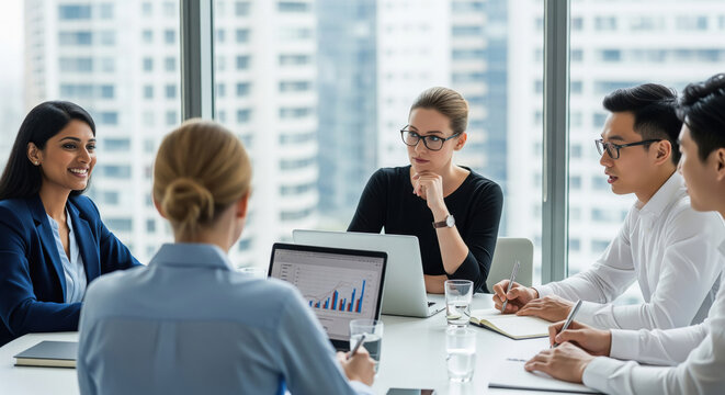 Diverse business professionals collaborating in a modern office meeting - Powered by Adobe