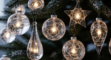 Beautiful christmas tree decorations with illuminated glass ornaments and star shapes