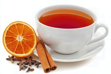 Hot tea with orange and cinnamon on a white background.