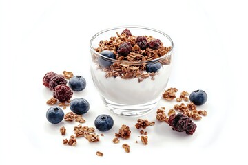 Yogurt with berries and granola on a white background.