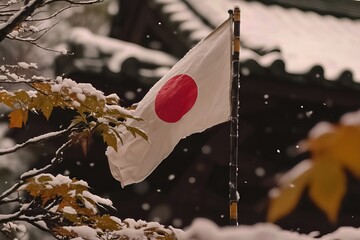 Japanese flag in snowy outdoor scenery.