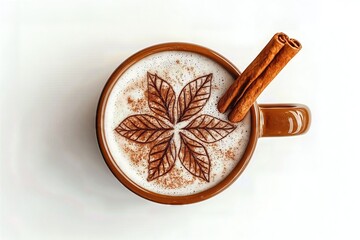 Hot cocoa with cinnamon on a white background.