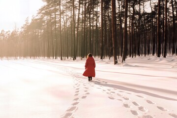Woman walking on snowy ground in a winter forest.