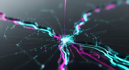 Dynamic network connection with vibrant neon lights spreading out, showcasing modern tech and data flow for innovative solutions and cutting-edge designs