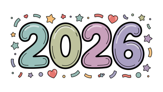 The Year 2026: A playful and colorful illustration of the year 2026, surrounded by festive confetti, stars, and hearts, capturing the anticipation and joy of the upcoming year.