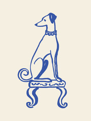 Elegant greyhound on stool naive sketch vector illustration