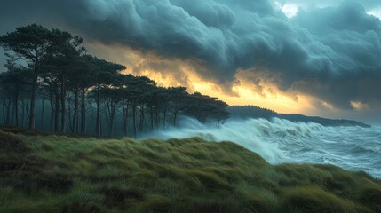 Dramatic Coastal Forest Scene Under Stormy Windy Skies