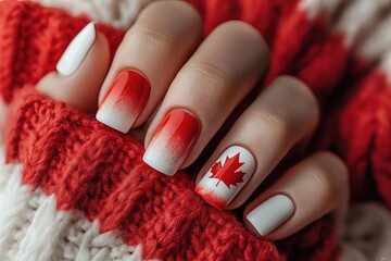 Red and white manicure with a maple leaf design.