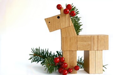 Wooden horse with pine branches and red berries on a white background.