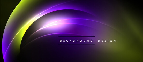 Abstract flowing lines create vibrant purple, yellow gradient. Dark background emphasizes luminous curves, modern design element.