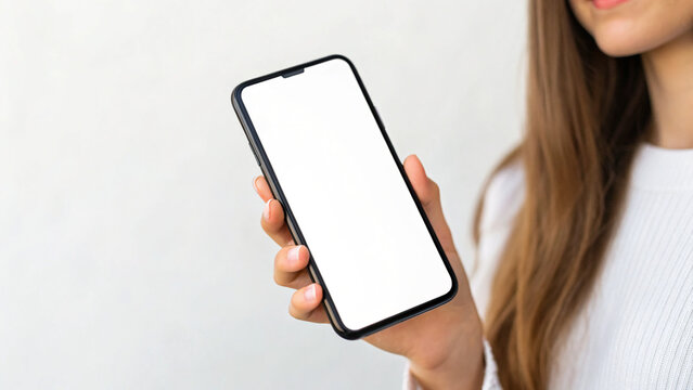 using modern technology concept A woman stands in a bright environment, holding a smartphone with a blank screen.