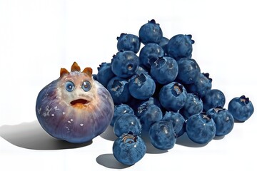 Blueberries with one character-shaped blueberry on a white background.