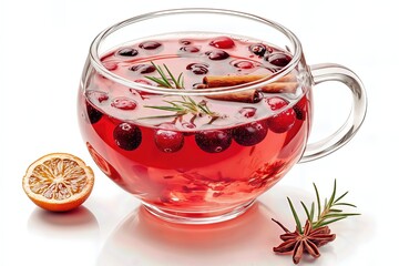 Cranberry tea with spices in a glass cup on a white background.