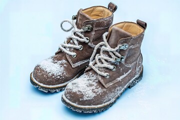 Children&rsquo;s winter boots covered with snow on a light background.
