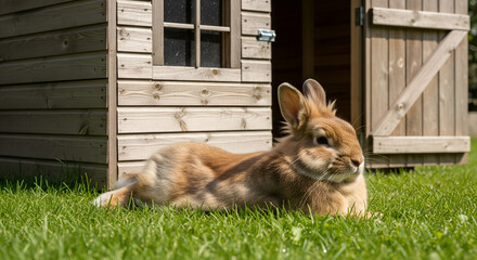 Brown Rabbit Relaxing on Grass by Wooden Hutch