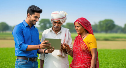 Young Man Explains Tablet to Indian Farmers in Field
