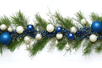 Christmas garland with blue and white ornaments on a white background.