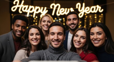 Group of people celebrating new year with festive lights and decorations