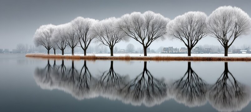 A winter landscape with snow-covered trees by a calm lake creating stunning reflections.