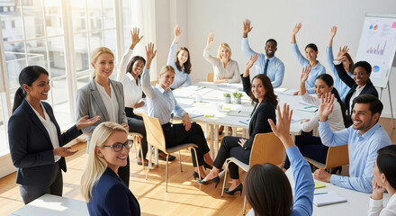 Diverse Business Team Actively Participating in Modern Office Meeting
