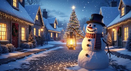 A charming winter scene with a snowman in front of a cozy village with snowcovered houses and a decorated christmas tree