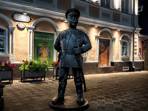 Yelabuga, Russia - August 19, 2025: Statue of a historical figure stands proudly in Yelabuga at night