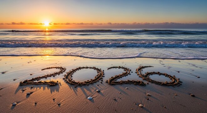 Beautiful sunset over the ocean with the year 2020 written in the sand on the beach