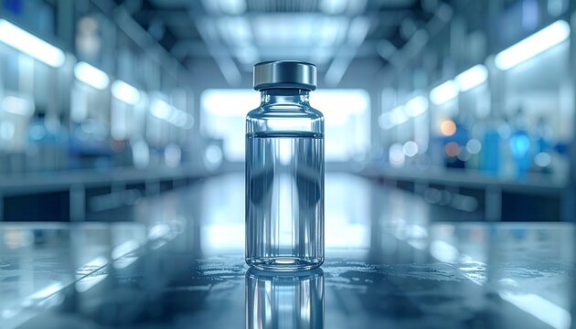 Suspended glass vial with falling droplet and soft shadow against light background showcasing scientific precision and pharmaceutical purity