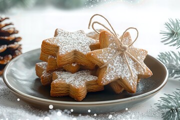 Star-shaped cookies with powdered sugar on a plate.