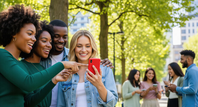 Friends happily sharing content on smartphone in sunny park