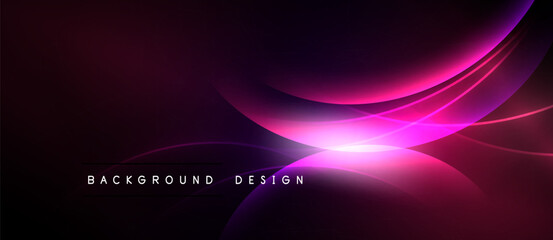 Abstract background features vibrant pink, purple waves. Dark bottom section contrasts bright upper illumination. Modern design element.