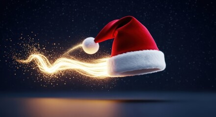 Festive red santa hat with white trim and pompom, glowing with magical sparkles and light trail
