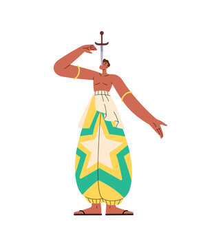 Sword swallower is on circus stage. Cirque artist shows dangerous tricks on performance. Performer in colourful costume is with blade in mouth. Flat isolated vector illustration on white background