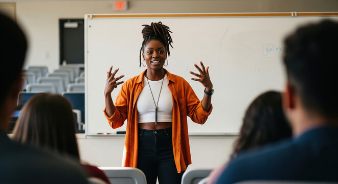 Young Black Woman Presenting in Classroom to Students